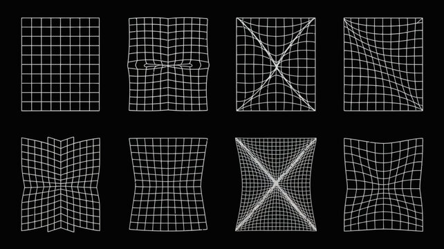 distorted grid patterns white lines on black background
