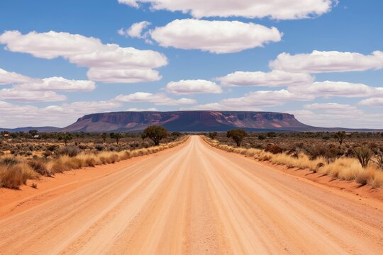Expansive outback dirt road leads to flat topped mountain under wide blue sky with clouds. Dry scrubland and sparse trees line the orange sandy track.