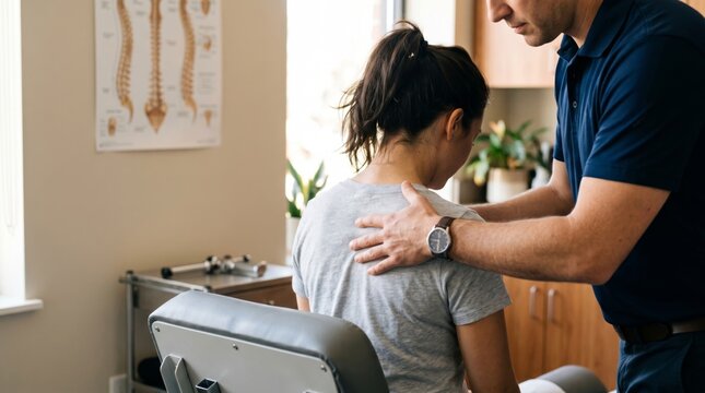 Chiropractor adjusting back of woman sitting on treatment chair. Osteopath examining patient for spinal alignment and pain relief. Professional physical therapy clinic session concept.