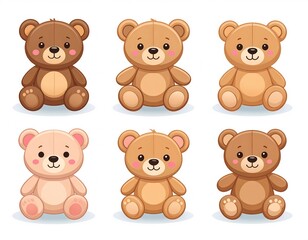 Fototapeta premium Cute teddy bear collection set, six adorable plush toys, soft pastel colors, kawaii style illustration icons, isolated on white background