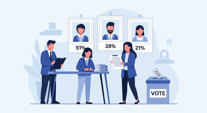 Election results visualization with people counting votes and candidates photos displayed on board showing percentages for democratic voting poll process data.