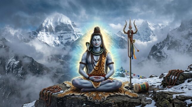 Lord Shiva meditating on Mount Kailash. Deity in lotus position with snake and trident. Divine yogi, hindu god of transformation in Himalayan snowy peak. Spiritual enlightenment concept.