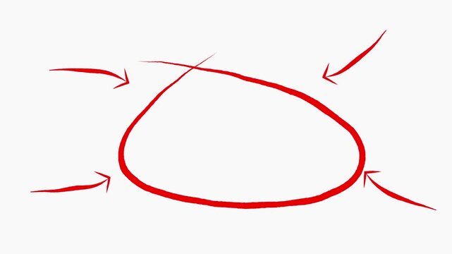 Red Circle and Arrows: A simple, hand-drawn red circle with four red arrows pointing inward, symbolizing focus, direction, or confinement.