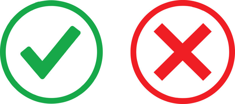 Green check mark and red cross sign icons for correct and incorrect selection choice Vector