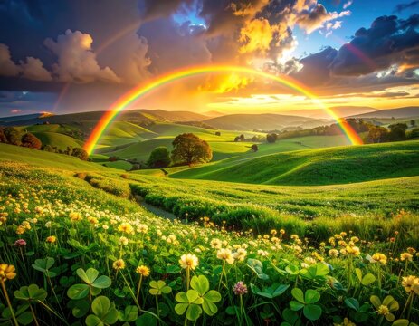 A vibrant rainbow arches over lush green rolling hills and a field of wildflowers at sunset.