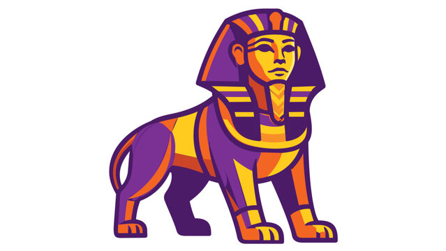 Eye-catching purple and amber stylized depiction of a legendary sphinx with a pharaonic head atop a powerful leonine body, isolated on white for use in heritage branding, mythology art, and creative