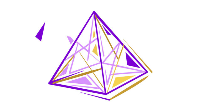 Abstract geometric vector illustration of a faceted crystal pyramid featuring vibrant purple and gold lines, creative gemstone icon isolated on white background for modern jewelry design.