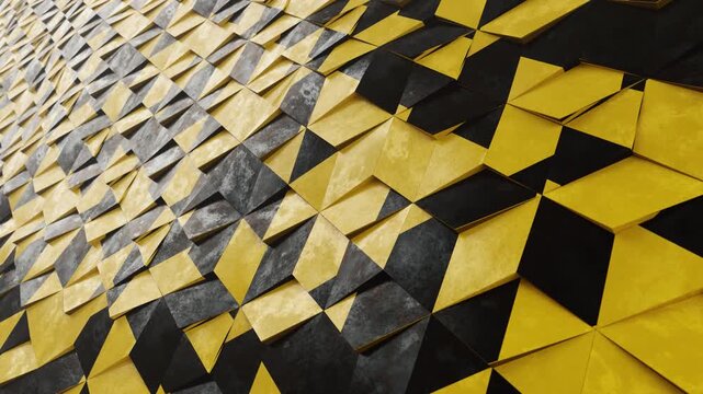 Seamless loop of an abstract 3D geometric pattern featuring undulating yellow and black textured triangles. Dynamic modern dark industrial background, ideal for packshot displays, event visuals, VJ lo