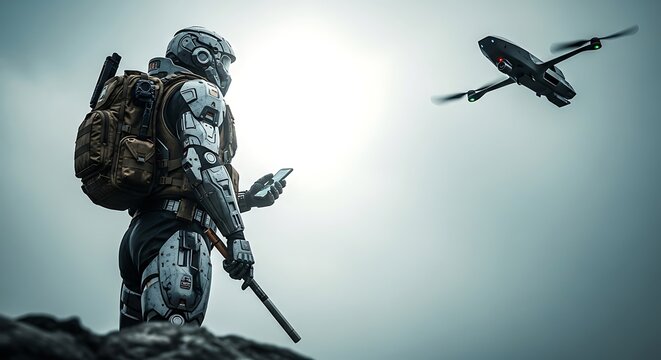 A lone soldier stands atop a hill watching a plane fly by