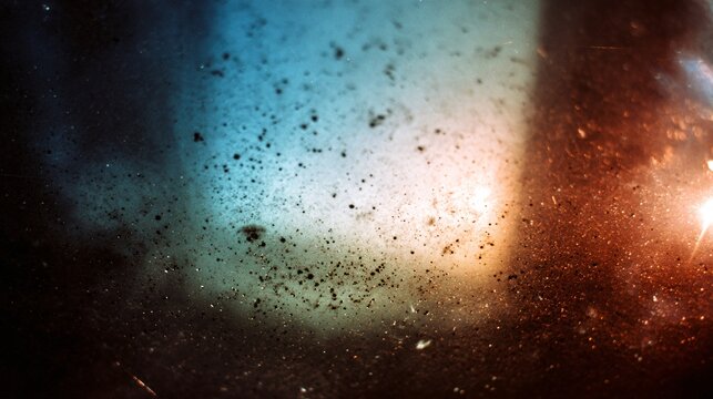 A macro texture of expired film showing faded colors, random light leaks, and dust accumulation on a dark background