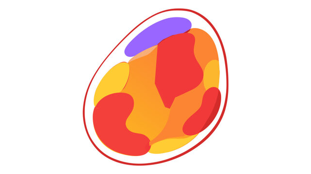 Dynamic polychromatic abstract mineral icon featuring fluid scarlet, tangerine, amber, and orchid blobs enclosed by a delicate crimson border &mdash; a visually expressive standalone jewel emblem for