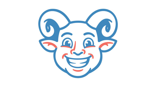 A creative colorful line vector icon of a smiling mythical satyr or faun head with ram horns and pointed ears, isolated on a white background for fantasy character design and branding projects.