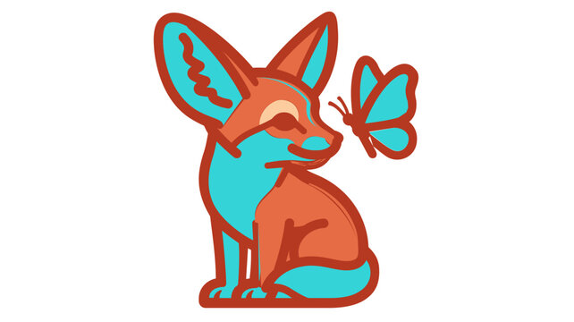 Playful fennec fox with a butterfly on its nose vector icon, featuring modifyable line weight. Cute desert animal graphic with adjustable stroke for custom thickness and creative style.