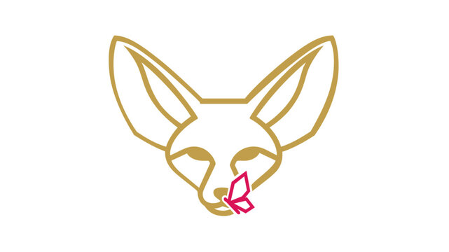 Fennec fox head vector in elegant gold lines with minimal red detail. Modern desert wildlife logo featuring the iconic large-eared fox for sophisticated branding and artistic animal motifs.