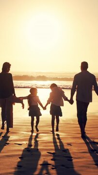 Walking, parents or children holding hands for beach sunset, family holiday or wind for weekend travel trip. Back, people and girls with hat for seaside vacation, mockup space and support for bonding