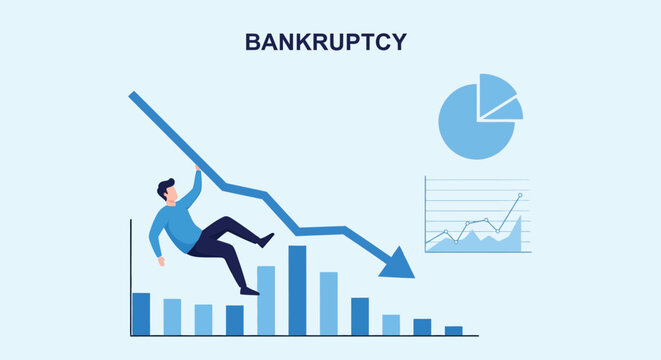 Man falling down a declining bar graph with the word 'bankruptcy' overhead, showing financial downturn and losses.