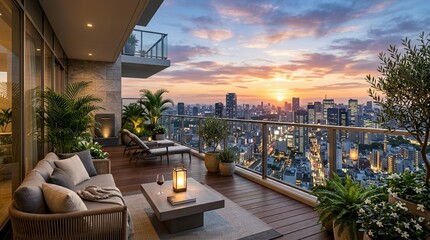 Obraz premium Luxury terrace city overlook, modern architecture urban skyline balcony, outdoor living resort greenery, elegant premium panorama