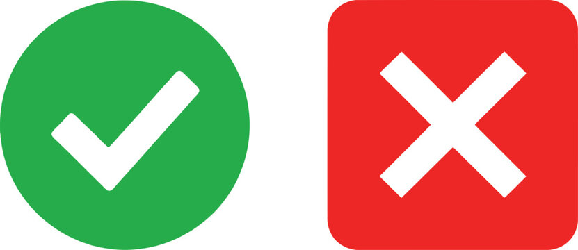 Green check mark and red cross sign icons for true or false choice and survey feedback selection Vector