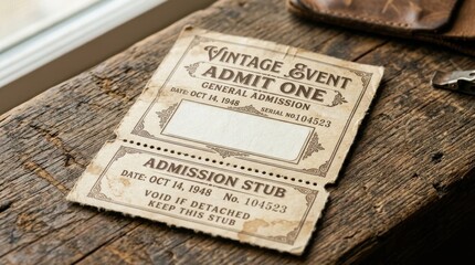 Naklejka premium Vintage ticket with a blank label on a rustic wooden surface, retro admission stub for entry template and classic collectible