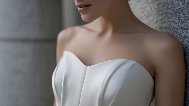 Elegant female torso in a strapless white dress, close-up details showcase refined style and soft skin, perfect for beauty and fashion concepts
