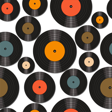 Seamless pattern print wallpaper with vinyl record discs music illustration vector retro style 60s, 70s, 80s, design art background for paper, textile, pack etc.	
