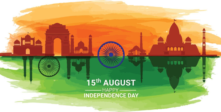 Indian independence day skyline with iconic monuments and national flag colors isolated on transparent background