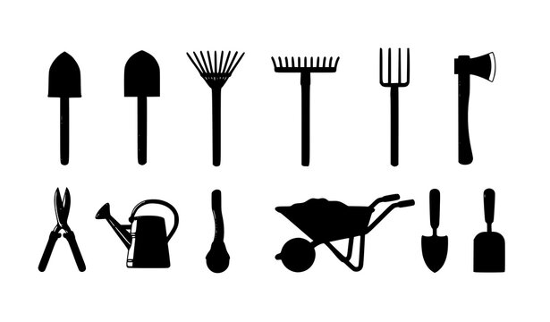Gardening and farming tools cartoon vector set with spade shovel rake axe and equipment isolated on white
