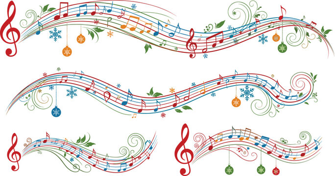 Decorative Musical Staff Lines with Notes, Treble Clefs, Floral Patterns and Festive Ornaments for Artistic Holiday Design