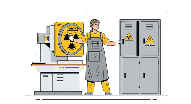 Radiology Technician Operating X-ray Machine Near Warning Cabinet