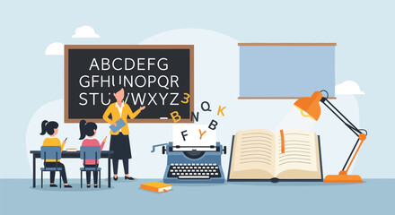 Elementary school teacher instructing students during classroom lesson with vintage typewriter and alphabet blackboard display educational environment setup. © DHS