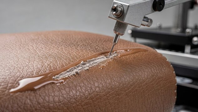 Closeup of selfhealing coated leather upholstery undergoing scratch tests to evaluate microencapsulated finish durability and automatic repair under controlled lighting.