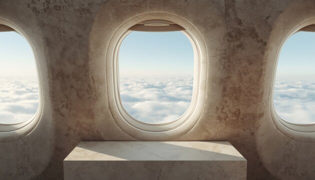 There are three round windows on the side of a building above the clouds