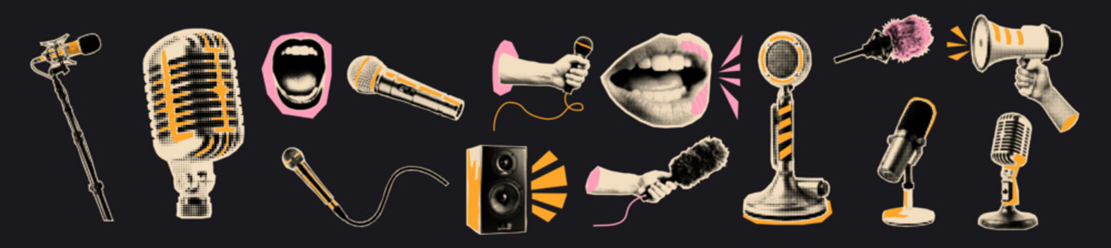  Microphones halftone elements set. Podcast halftone collage cut outs.