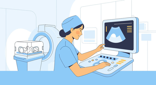 Radiologist operating ultrasound machine near MRI scanner, modern medical technology