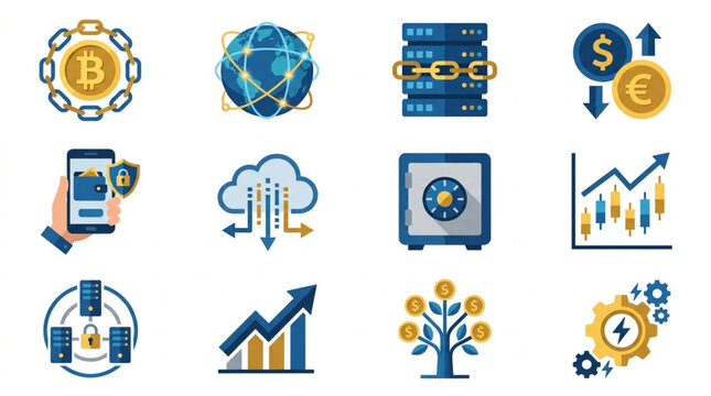 Digital Technology and Finance Icons Set.