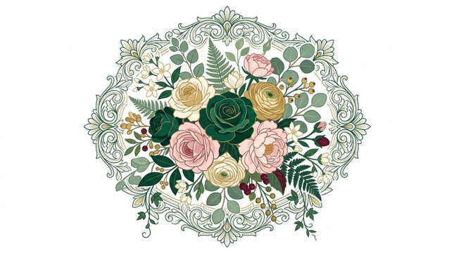 Elegant floral arrangement with roses and greenery in a decorative frame.
