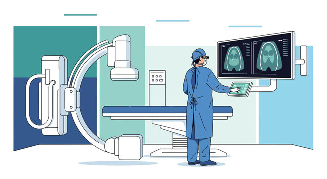 Radiologist operating C-arm X-ray machine with brain scans on screen in modern operating room