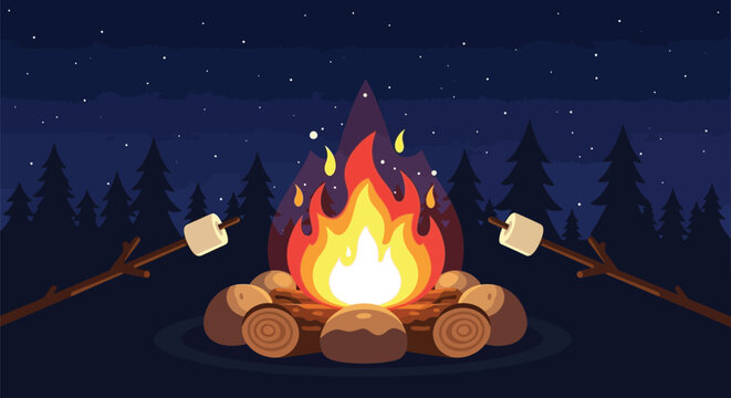 Burning campfire at night in pine forest with marshmallows on sticks for roasting under starry sky representing camping adventure and outdoor activities.