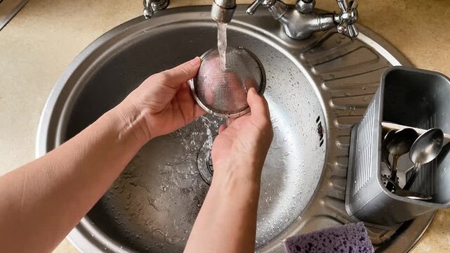 Female hands wash metal tea strainer under running water in kitchen sink. Person rinses steel tea strainer in round sink with water stream. Domestic chore and cleaning routine in house kitchen.