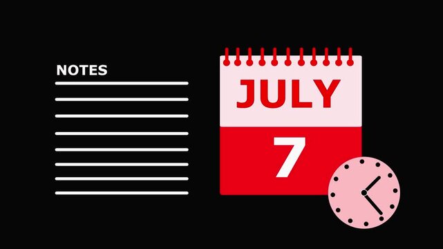 Calendar Page July 7 Red and White on Black Background with Notes Section date month.