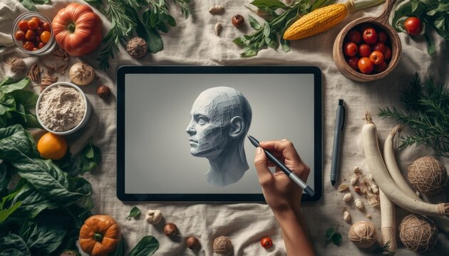 This is an image of a tablet with a drawing of a man ' s head on it