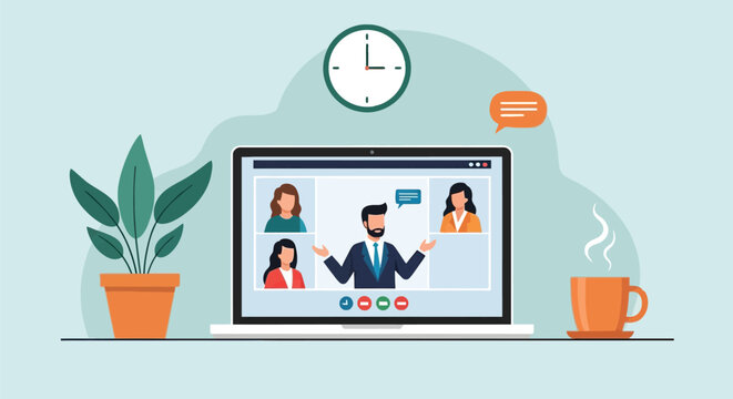 Diverse business team participating in an online video conference call on a laptop screen, symbolizing remote work and virtual meetings.