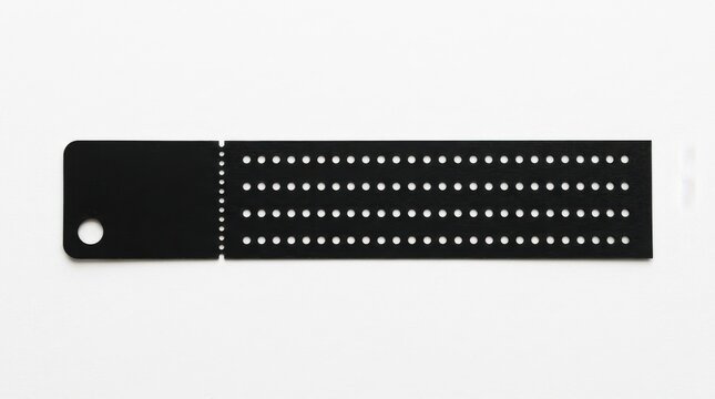 Black tab perforated strip on white background, minimalist label silhouette for ticket template, horizontal graphic design element