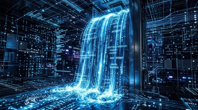 Modern blue digital waterfall of code and data, technology glow abstract flow, cyber network light, motion stream, futuristic