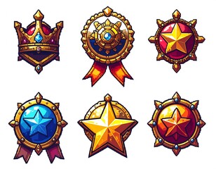 Fototapeta premium Fantasy award badge icons set, pixel art royalty emblems with crowns, stars, and jewels, vector medieval achievement symbols for games and apps