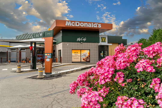 Fossano, Italy &ndash; May 19, 2026: McDonald's restaurant with McDrive and McCaf&eacute; service station, modern exterior design with pink flowers in the foreground, cloudy blue sky, Italy