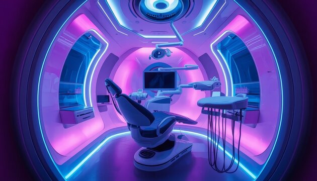 This is an image of a room with a chair in it space plane design, purple colors