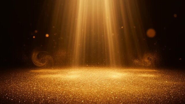 Golden particles swirl under bright light beams on a textured floor, representing elegance, luxury, spotlight, premium quality, celebration, and stage presentation