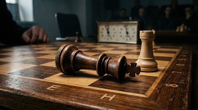 Chess king piece fallen on a wooden chessboard, strategic game defeat and checkmate concept, dramatic competition metaphor with