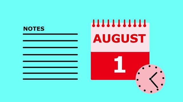 August 1st calendar page with notes section on teal background, daily planner, monthly organizer, calendar August calendar, daily schedule.